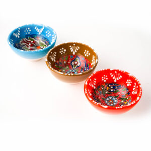 Jogo 3 Mini Bowls Turco Cerâmica Azul Marrom Vermelho