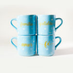 Jogo 4 Mini Canecas Azul Pastel Fé Amor Família Gratidão 90ml