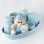 Kit Higiene Bebê Azul 7 Peças Bandeja Poá Branco Urso