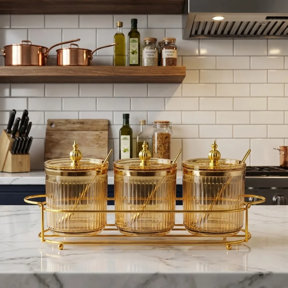 Porta condimentos de vidro âmbar dourado com 3 potes e suporte sobre bancada de cozinha moderna.