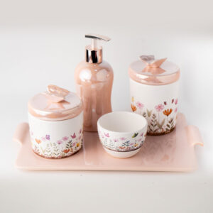 Kit Higiene Bebê Jardim das Borboletas Rosa Luxo 5 Itens
