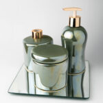 Kit Lavabo Verde Musgo Porta Sabonete Difusor Bandeja Espelho