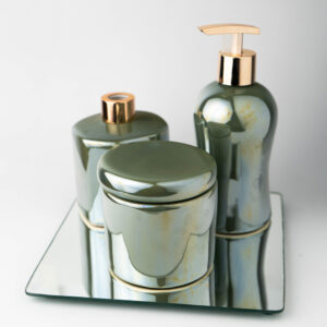 Kit Lavabo Verde Musgo Porta Sabonete Difusor Bandeja Espelho