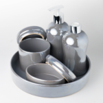 Kit Lavabo Banheiro Cerâmica Cinza com Bandeja e Porta Joias