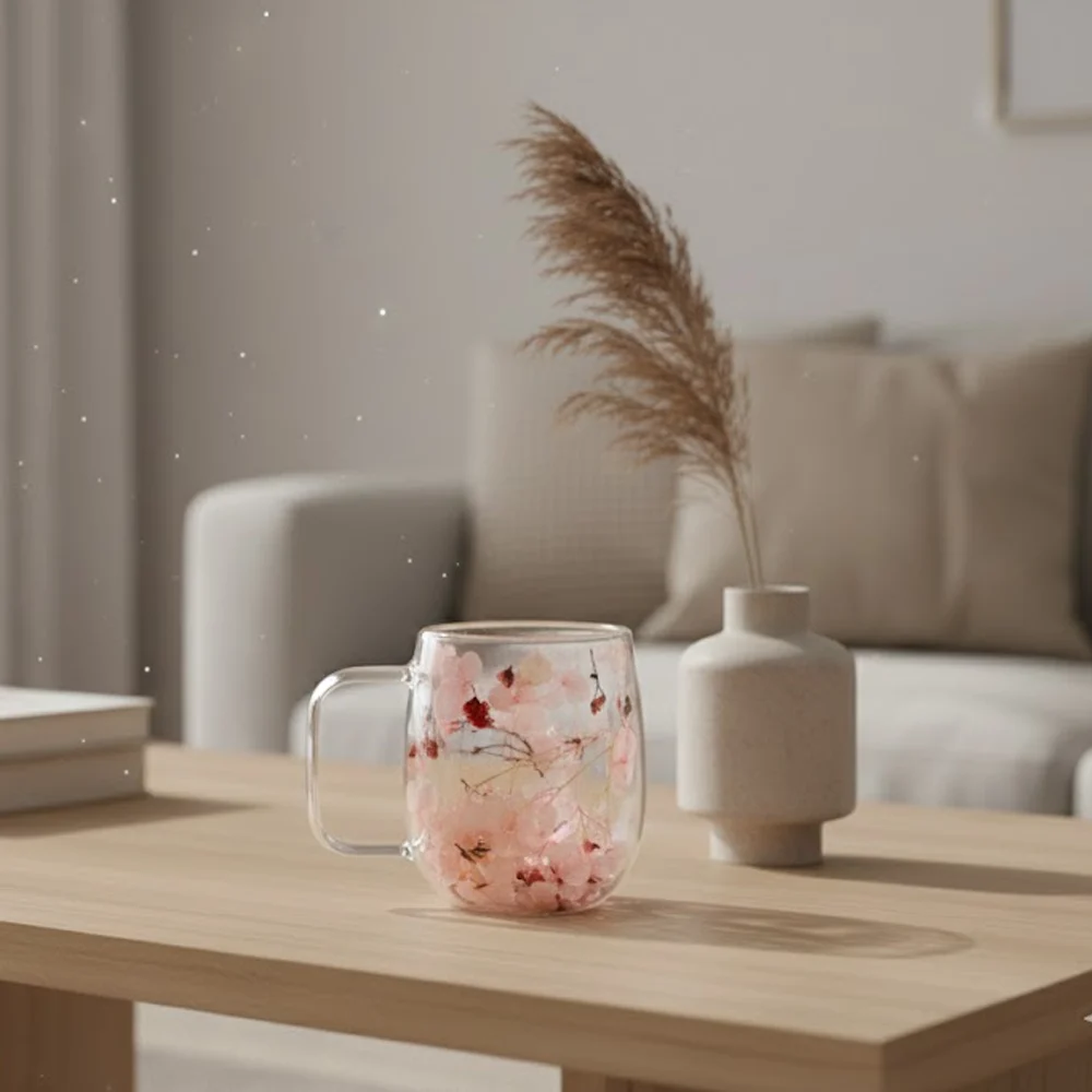 Caneca de vidro duplo com flores rosa suave sobre mesa clara com luz natural suave, vaso branco com pampa grass e ambiente aconchegante romântico