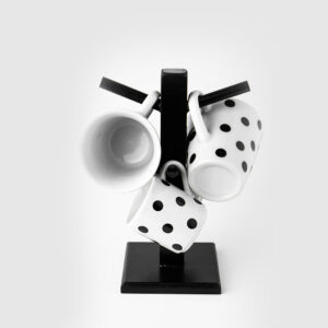 Jogo de Canecas Poá Preto e Branco Suporte Misto 5 Peças