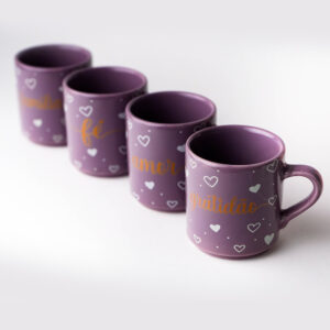 Jogo 4 Mini Canecas Roxo Lilás Fé Amor Família Gratidão 90ml