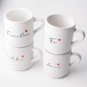 Jogo 4 Mini Canecas com Pires Prato Café Gratidão Amor 8 Pçs