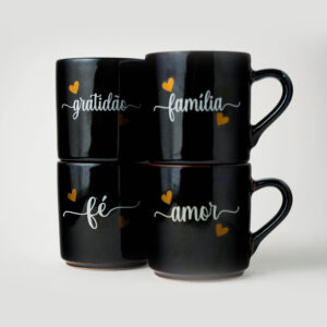 Jogo 4 Mini Canecas Preto Brilho Fé Amor Família Gratidão 90ml