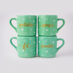 Jogo 4 Mini Canecas Verde Água Fé Amor Família Gratidão 90ml
